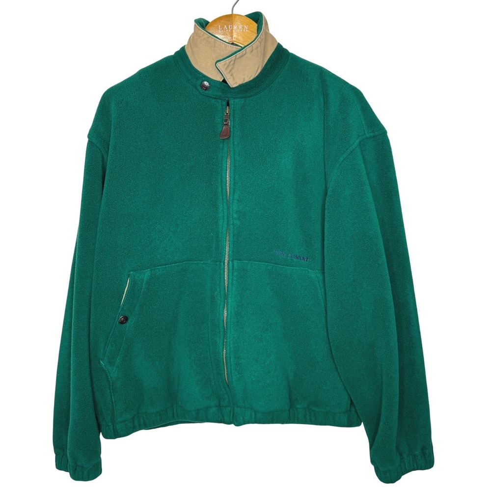 Vintage Polo Sport‎ Full Zip Fleece Bomber Green Medium Mens Made in USA